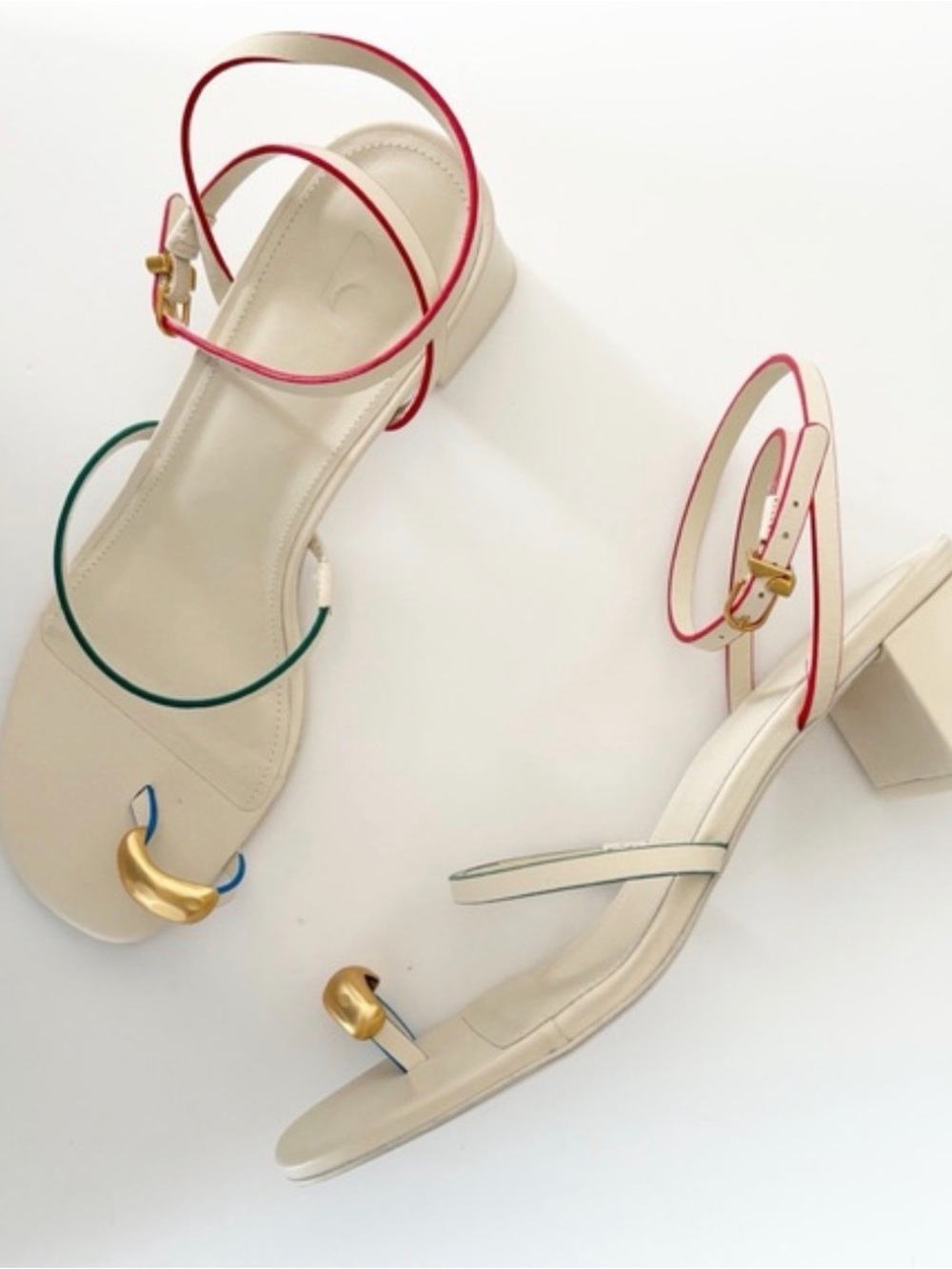 Larroude Cream Sandals with Red, Green and Blue Trim and Gold Accent